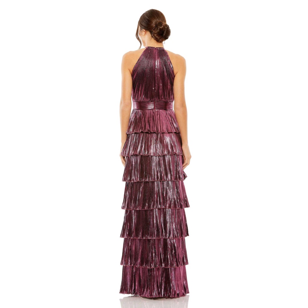 Mac Duggal High Neck Pleated Tiered Ruffle Metallic Gown